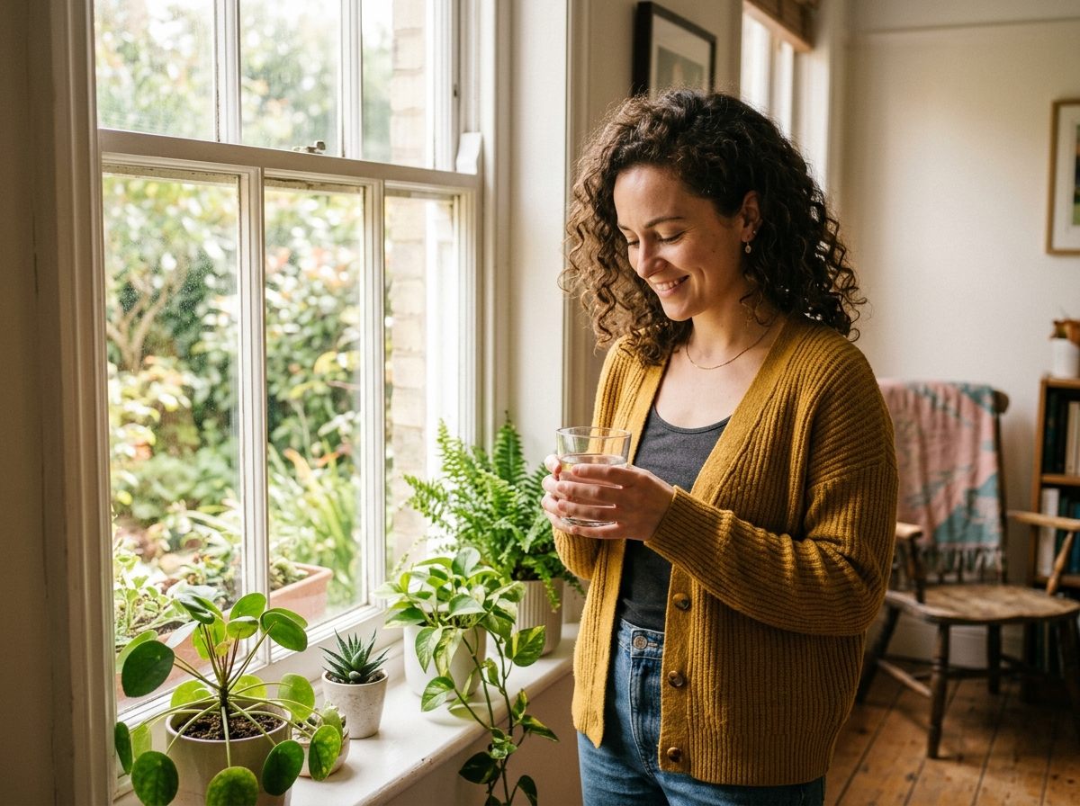 A woman starting her morning by a bright window