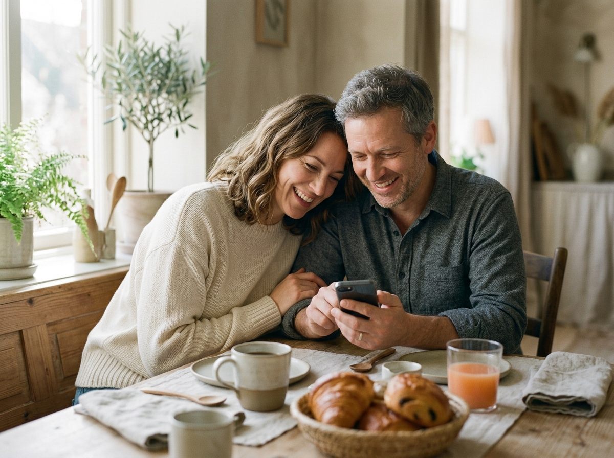 A couple laughing together over breakfast