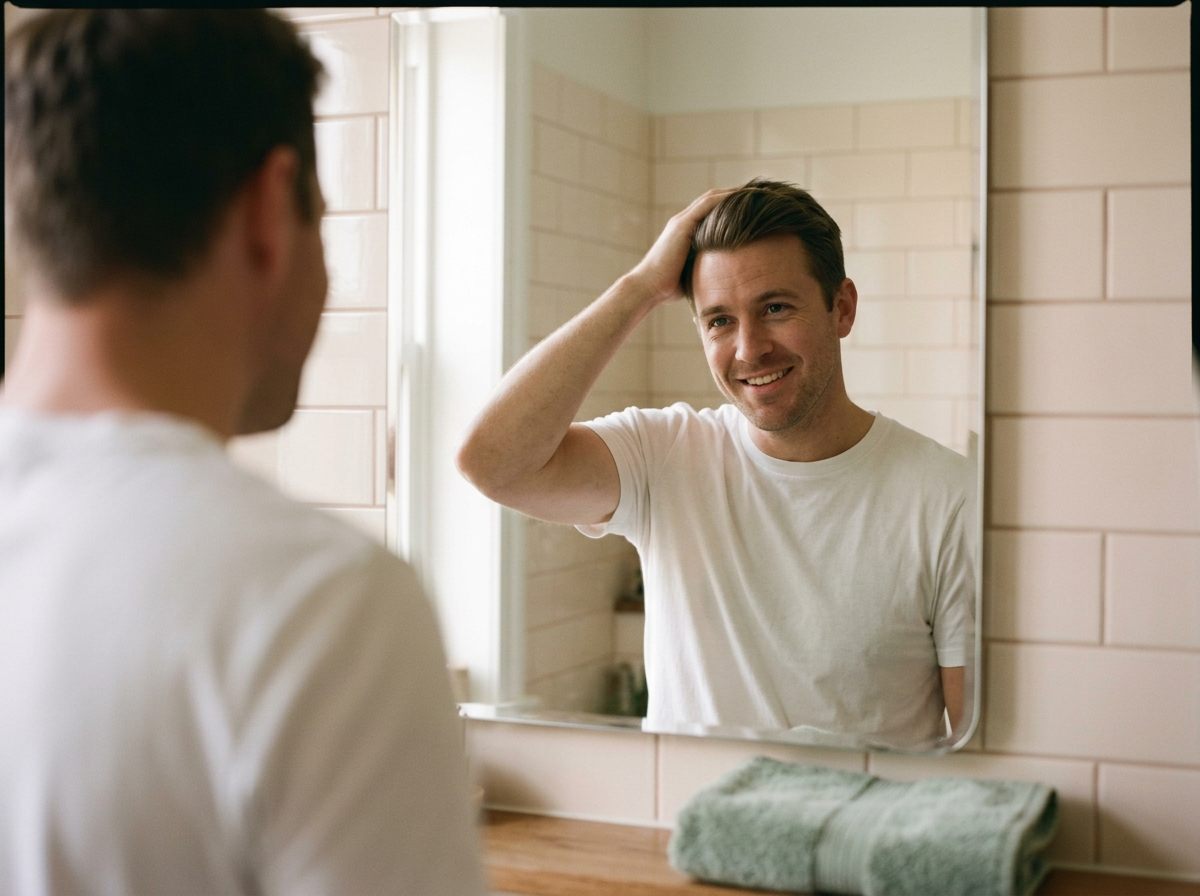 A man checking his hair in the bathroom mirror