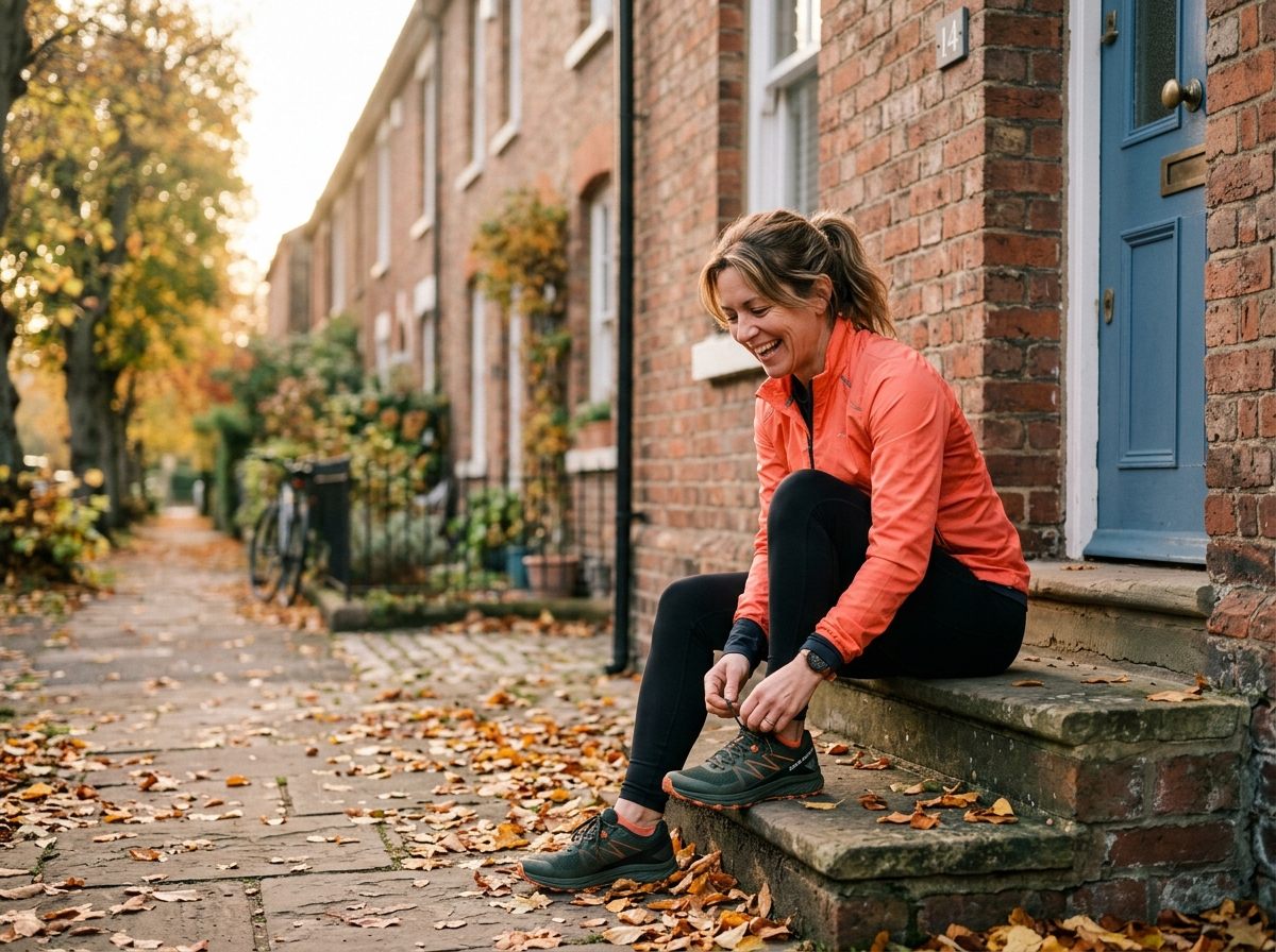 A woman lacing up her trainers on her front step