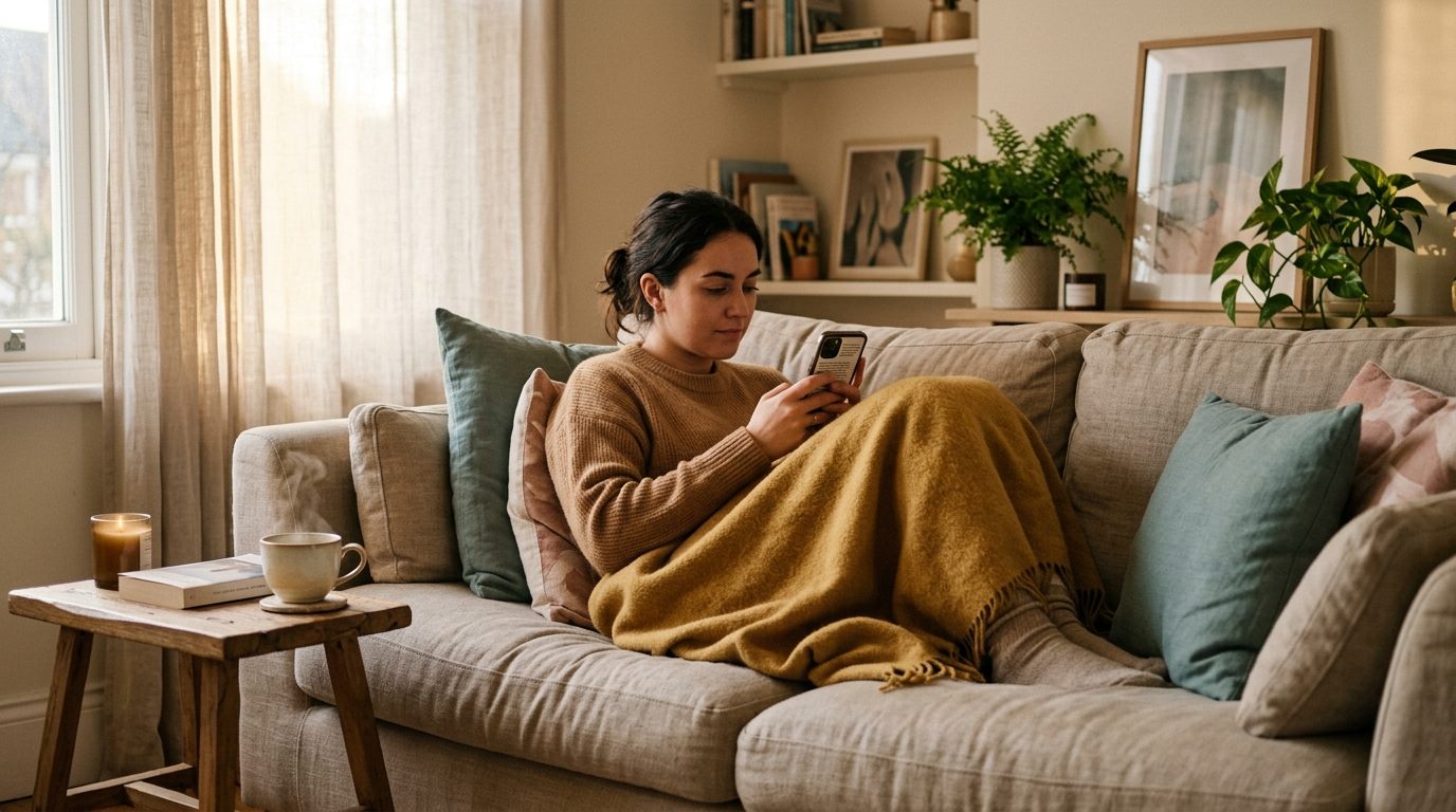 Reading a health guide on the sofa