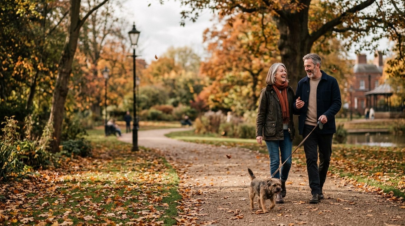 A couple walking their dog in an autumn park