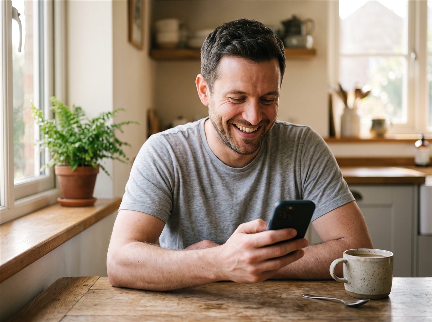 A man checking his Yip assessment on his phone over morning coffee