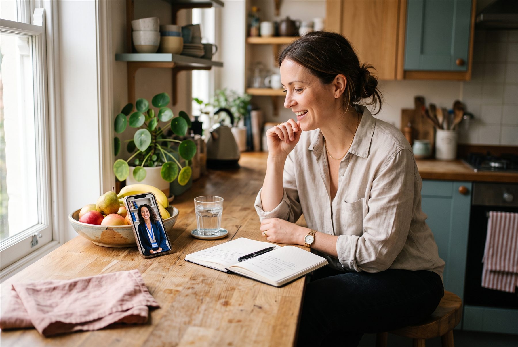 A woman on a video call with a clinician at her kitchen counter